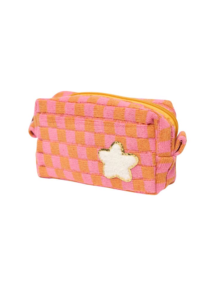 Checkered Cosmetic Bag | Orange + Pink