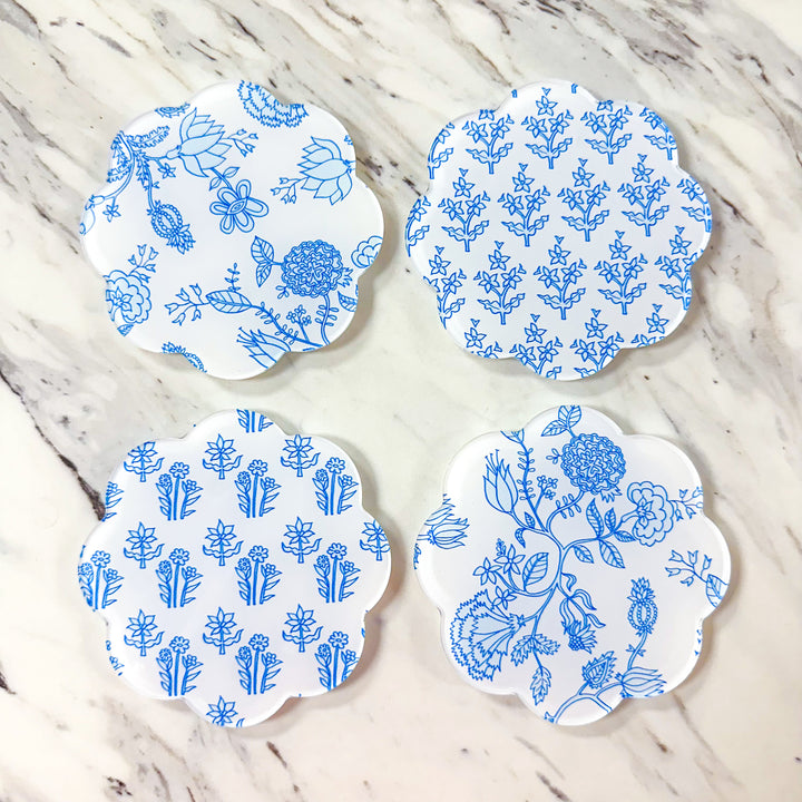 Blue Floral Acrylic Coasters | Set of 4