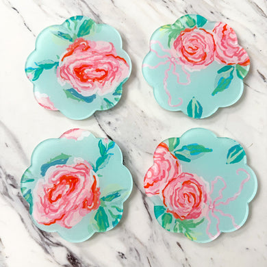 Blue Rose Floral Acrylic Coasters | Set of 4