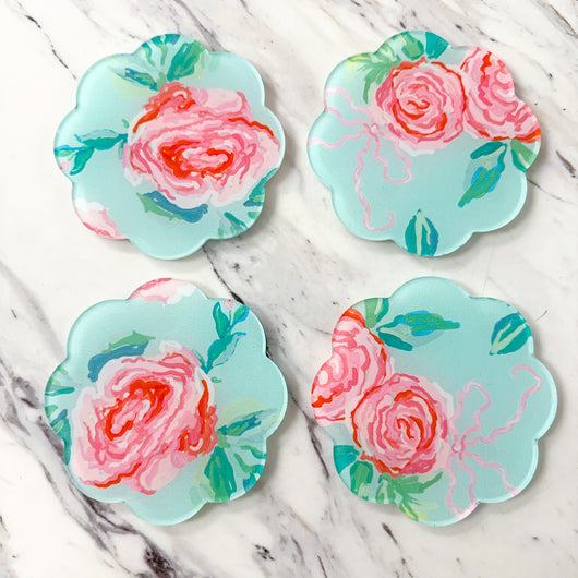 Blue Rose Floral Acrylic Coasters | Set of 4