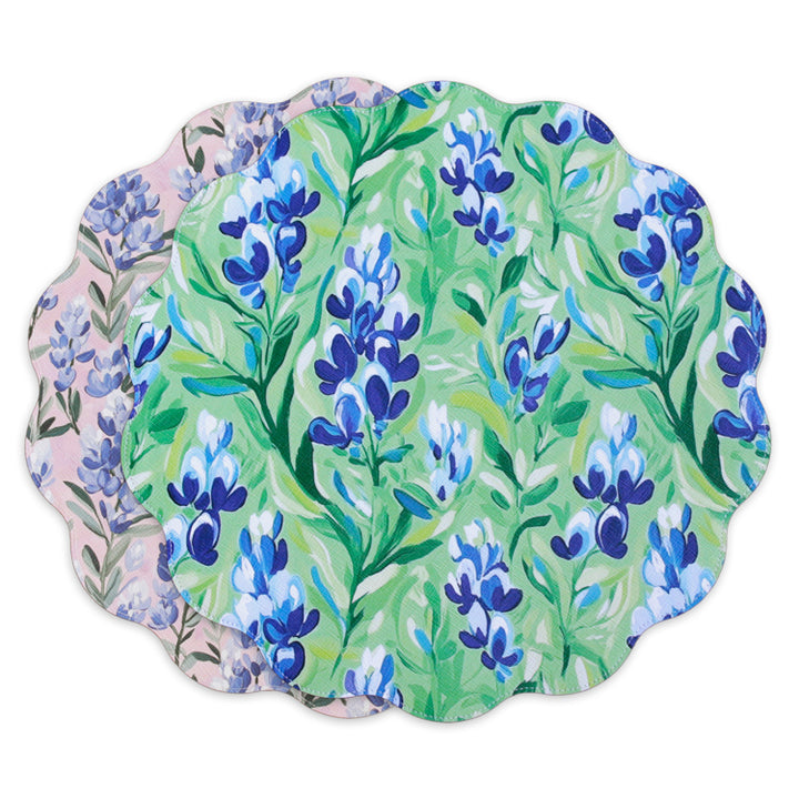 VIDA Bluebells & Flowers Reversible Round Placemats Set of 4 (Pink & Green)