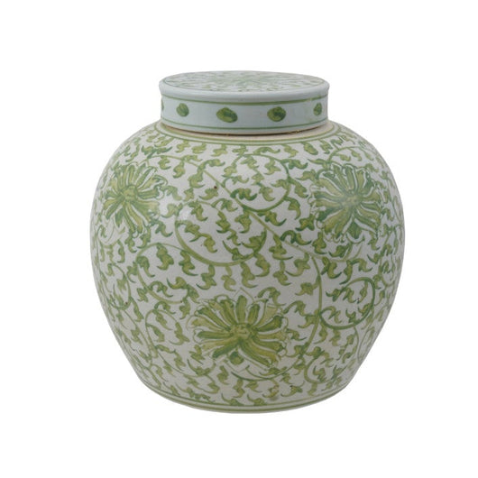 Decorative Hand-Painted Stoneware Ginger Jar w/ Floral Pattern, Green & White