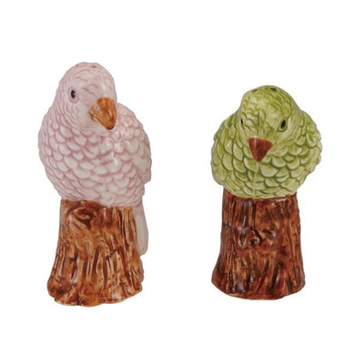 Hand-Painted Stoneware Parrot Shaped Salt & Pepper Shakers, Green, Pink & Brown, Set of 2