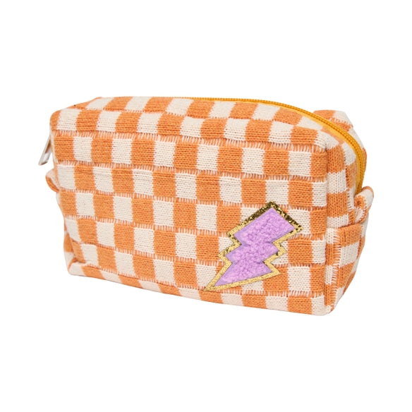 Checkered Cosmetic Bag | Orange + White