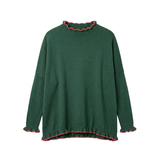 Catalina Cotton Ruffle Sweater - Forest / Bubblegum