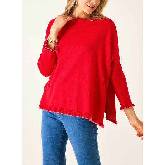 Catalina Cotton Ruffle Sweater - Ribbon Red/ Parfait Pink