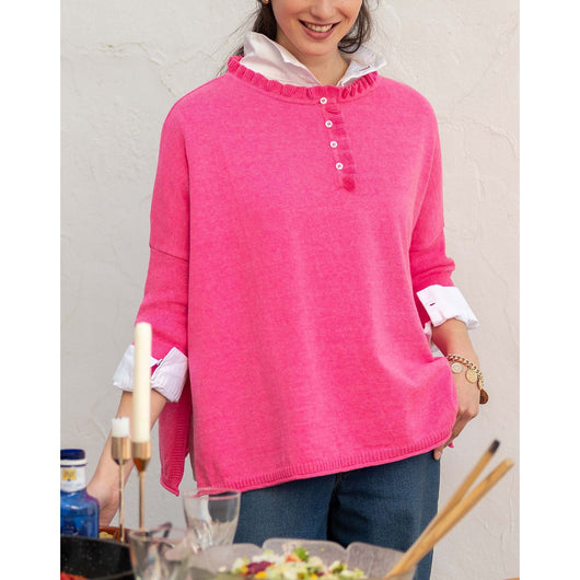 Catalina Cotton Ruffle Henley - Fuscia