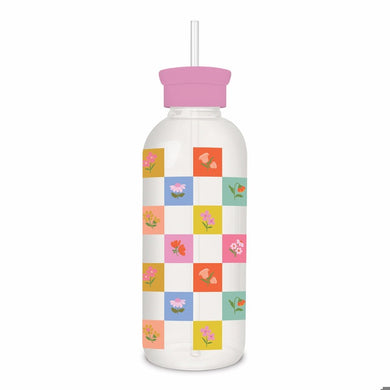 Checkerboard Blooms Glass Water Bottle with Straw