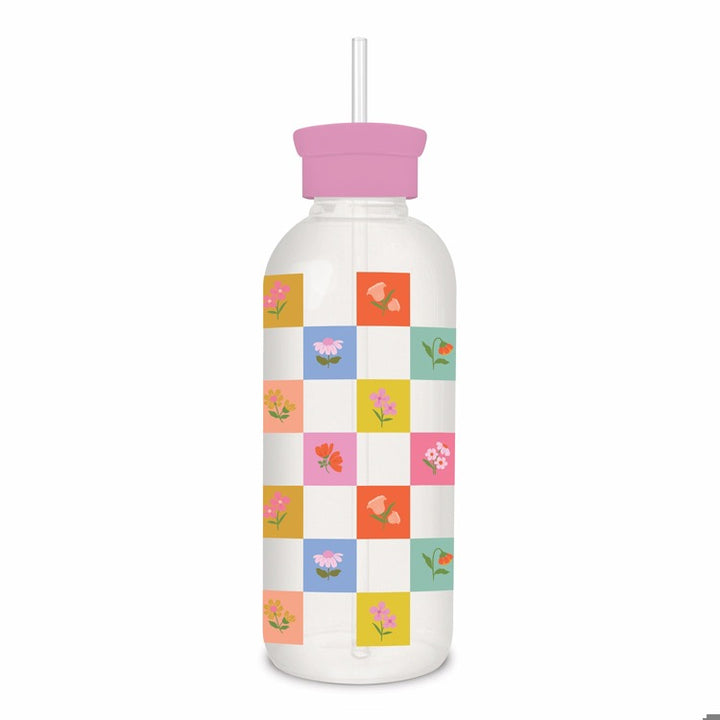 Checkerboard Blooms Glass Water Bottle with Straw